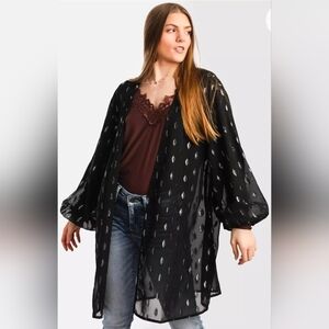 Daytrip Black Flyaway Woven Chiffon Kimono Top Metallic Leaf Detail Women's M